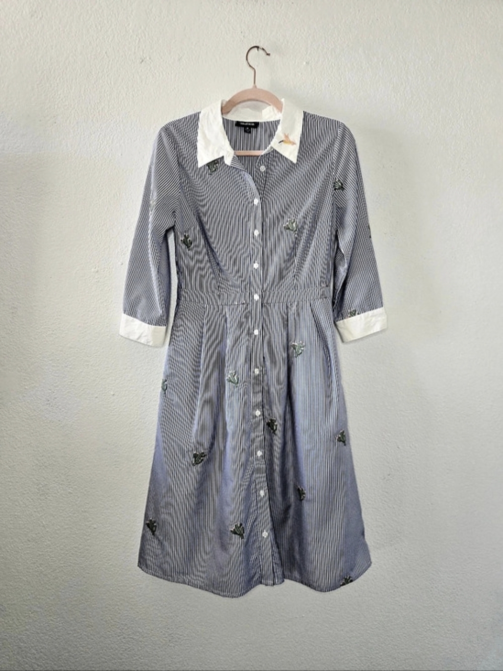 ModCloth Blue Stripe Embroidered Cactus Button Down Swing Dress Roll Tab sz 6